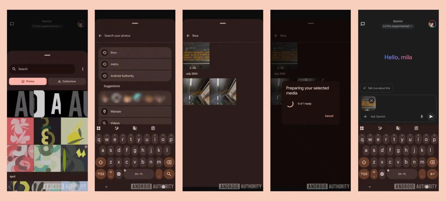 Screenshots highlighting the Android photo picker's search bar.