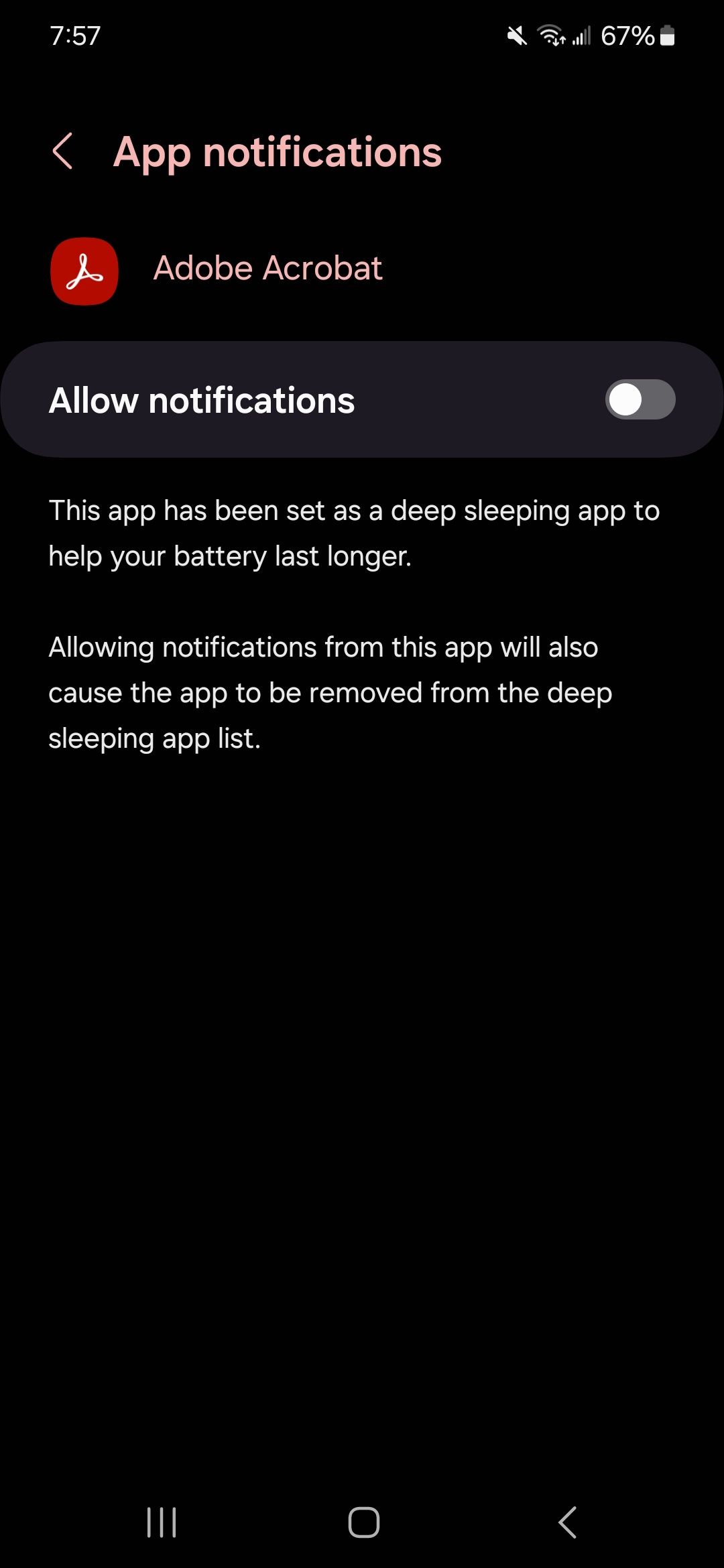 App notification permissions with a toggle