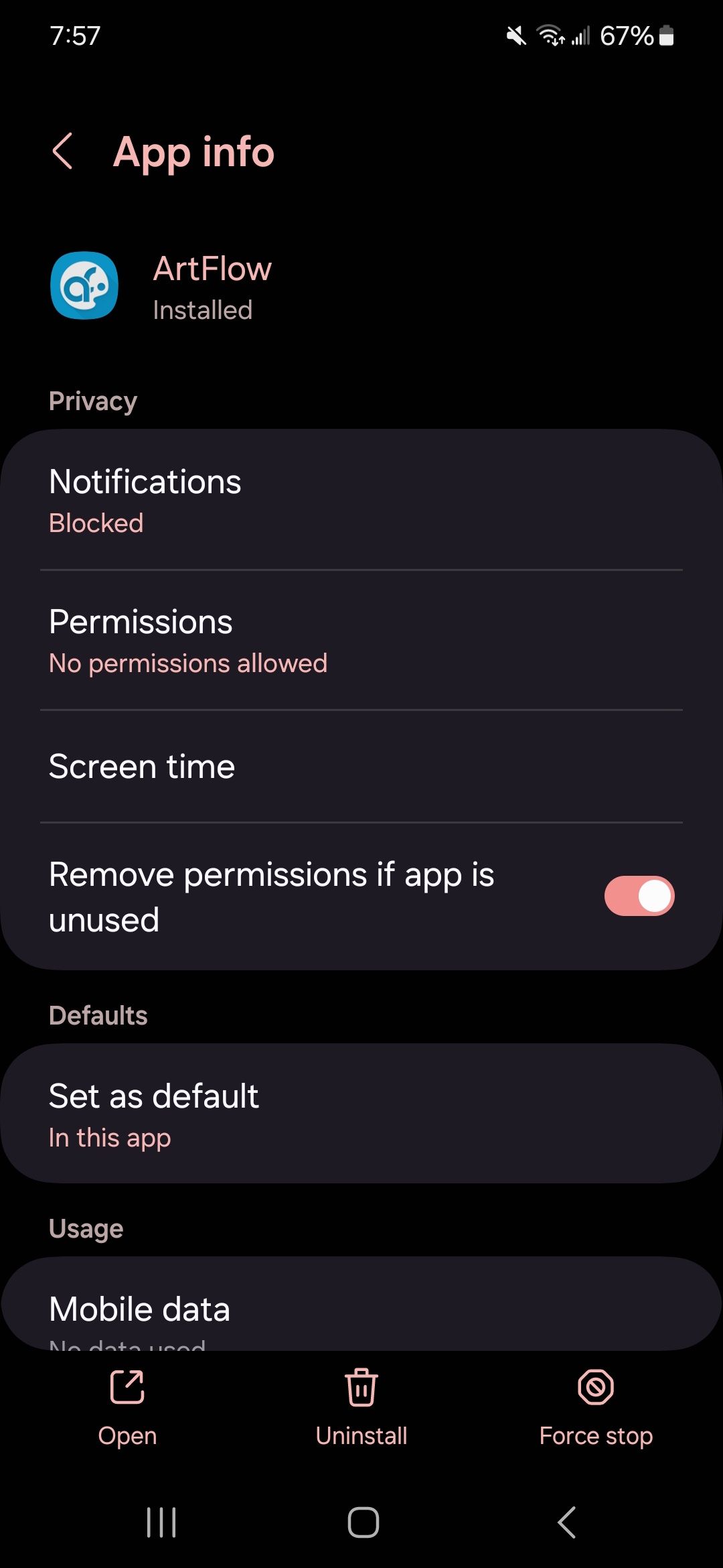 App info page with the open, uninstall, and force stop buttons