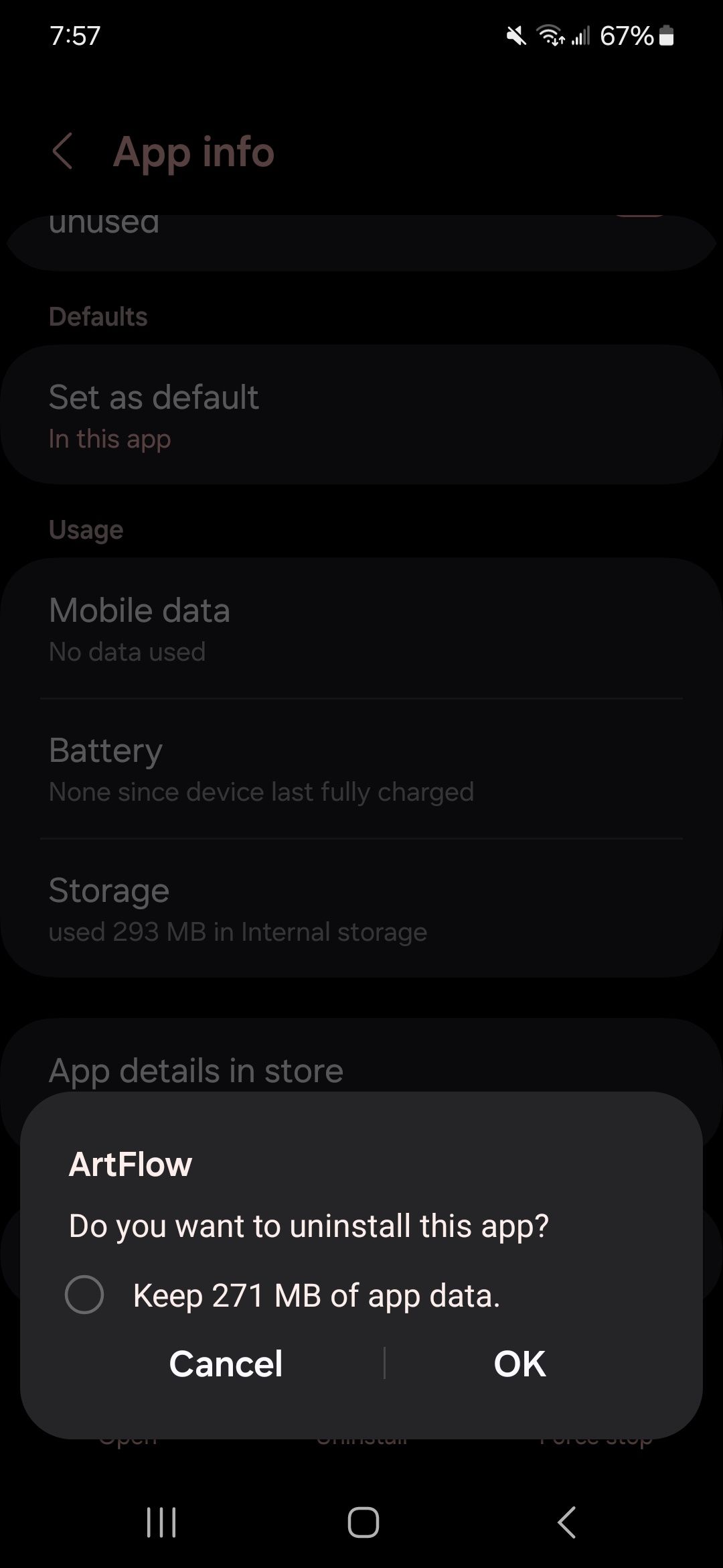 Confirming the uninstall of ArtFlow from the App info page