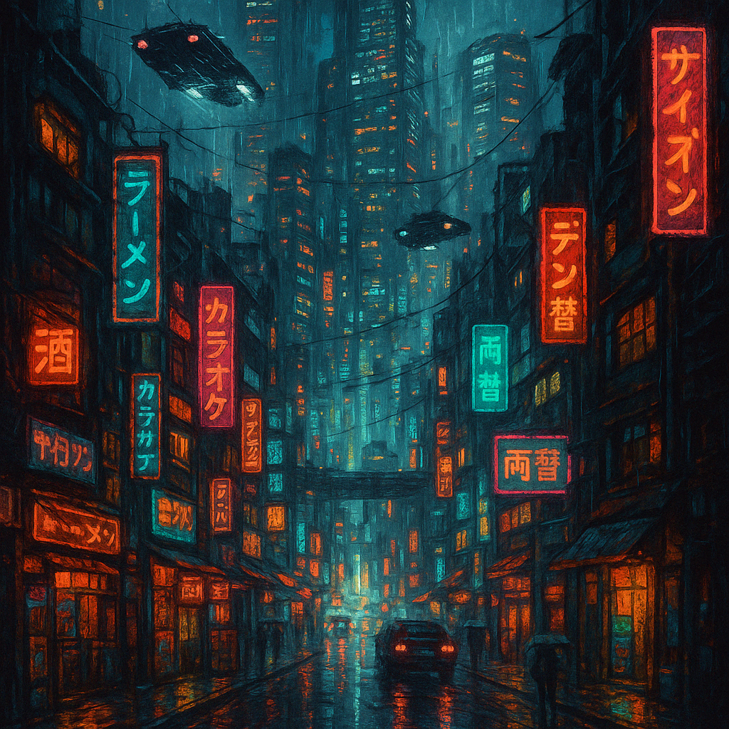A sprawling cyberpunk city at night, with neon Japanese signs, flying vehicles, and rain-slick streets