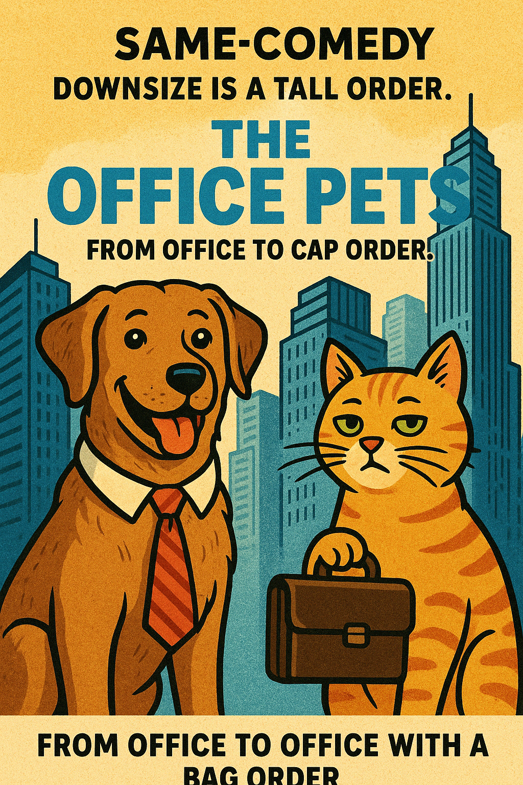 A movie poster for a comedy called 'The Office Pets,' starring a dog in a tie and a cat with a briefcase, with skyscrapers in the background and a funny tagline