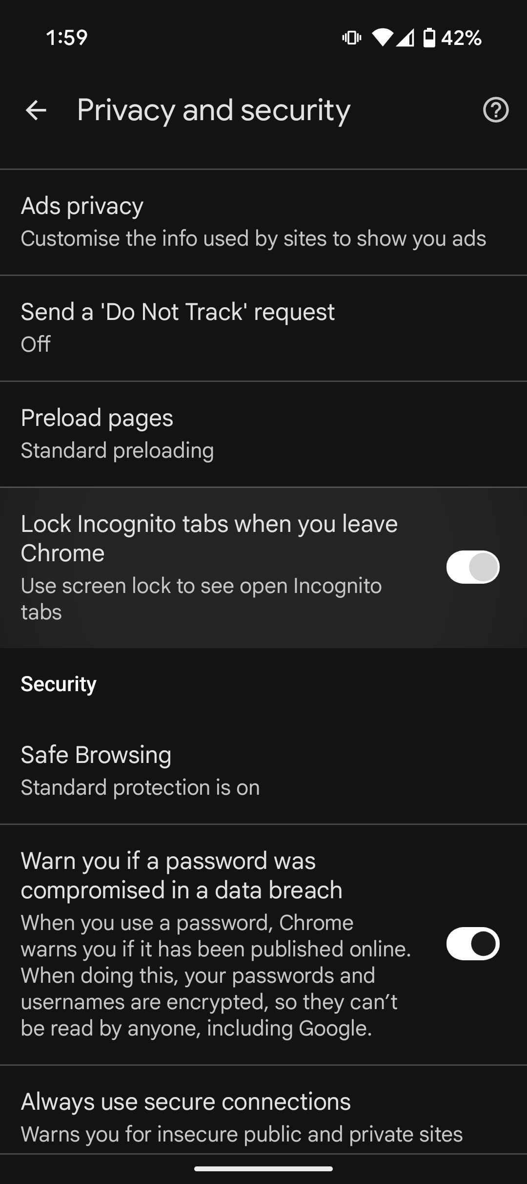 Privacy and security settings with Lock Incognito tabs option selected in Chrome