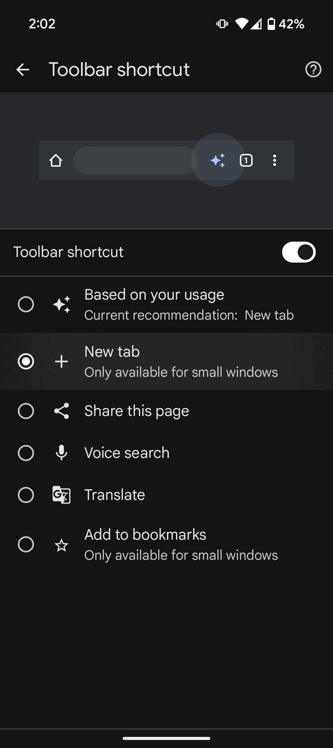 Toolbar shortcut settings showing different quick action options in Chrome