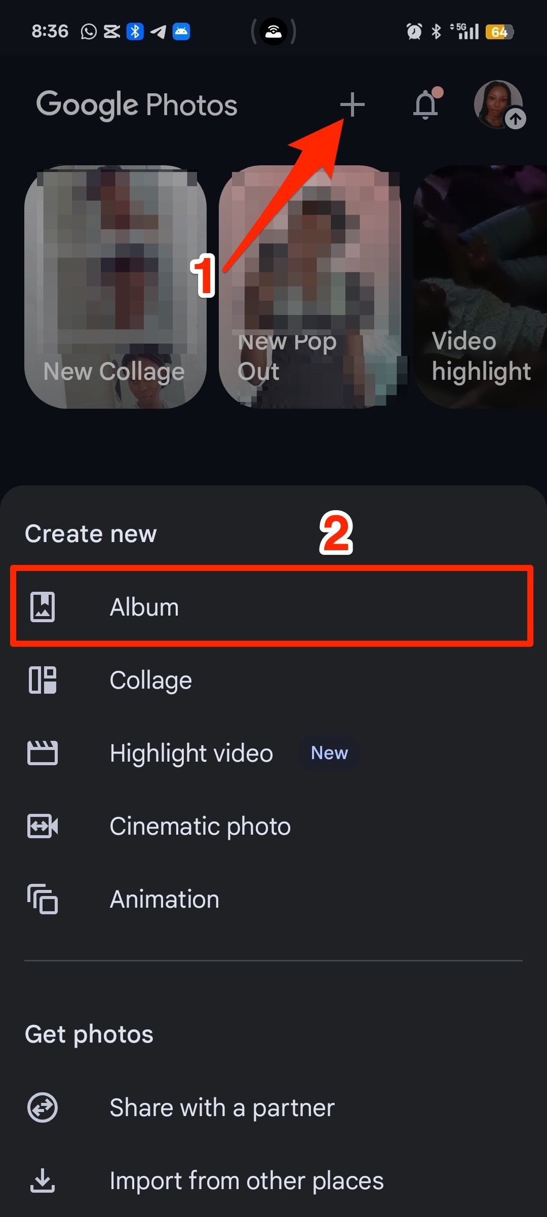 Selecting option for creating new album on Google Photos app