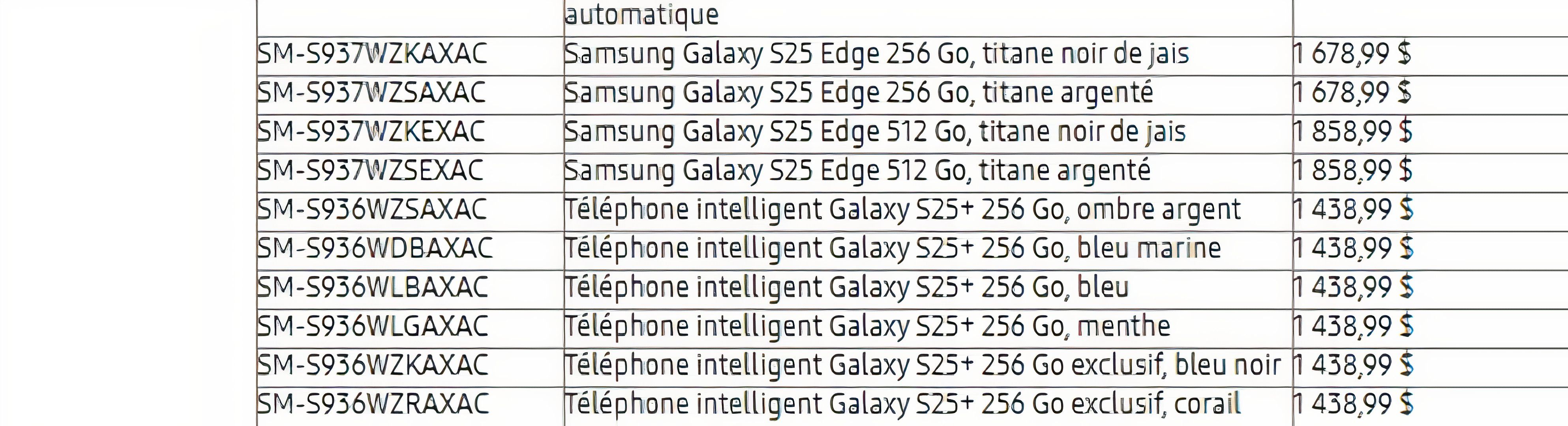 A screenshot of the Galaxy S25 Edge pricing from the French terms and conditions of the Samsung Canada site. 