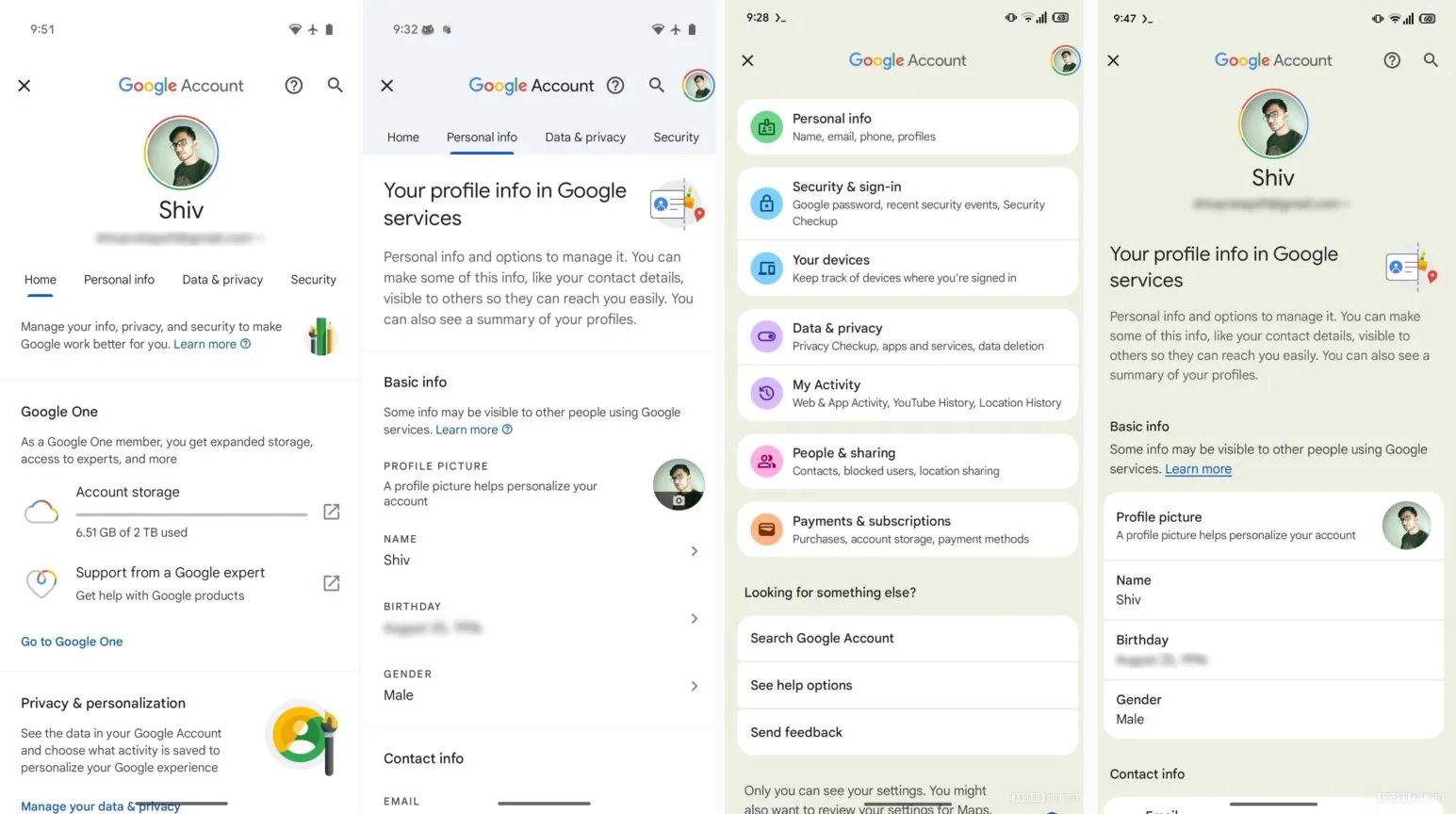 Screenshots highlighting Google Account's current and potentially upcoming settings UI.