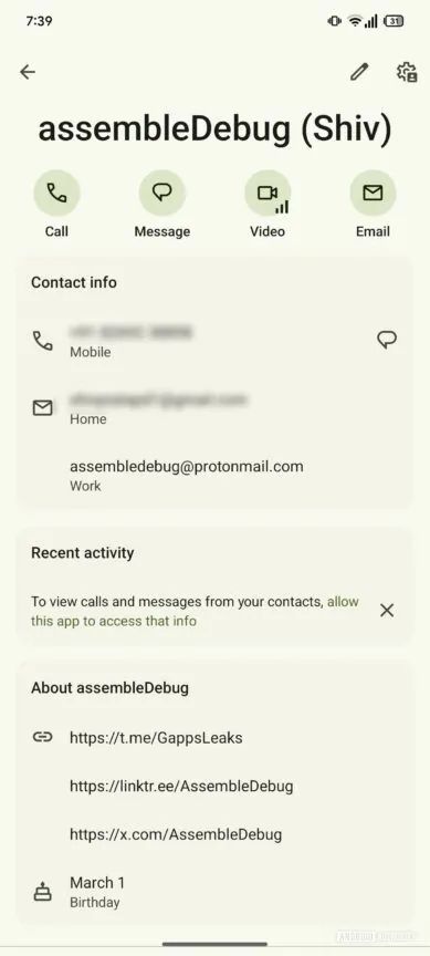 A screenshot of Google Contacts' upcoming recent activity section.