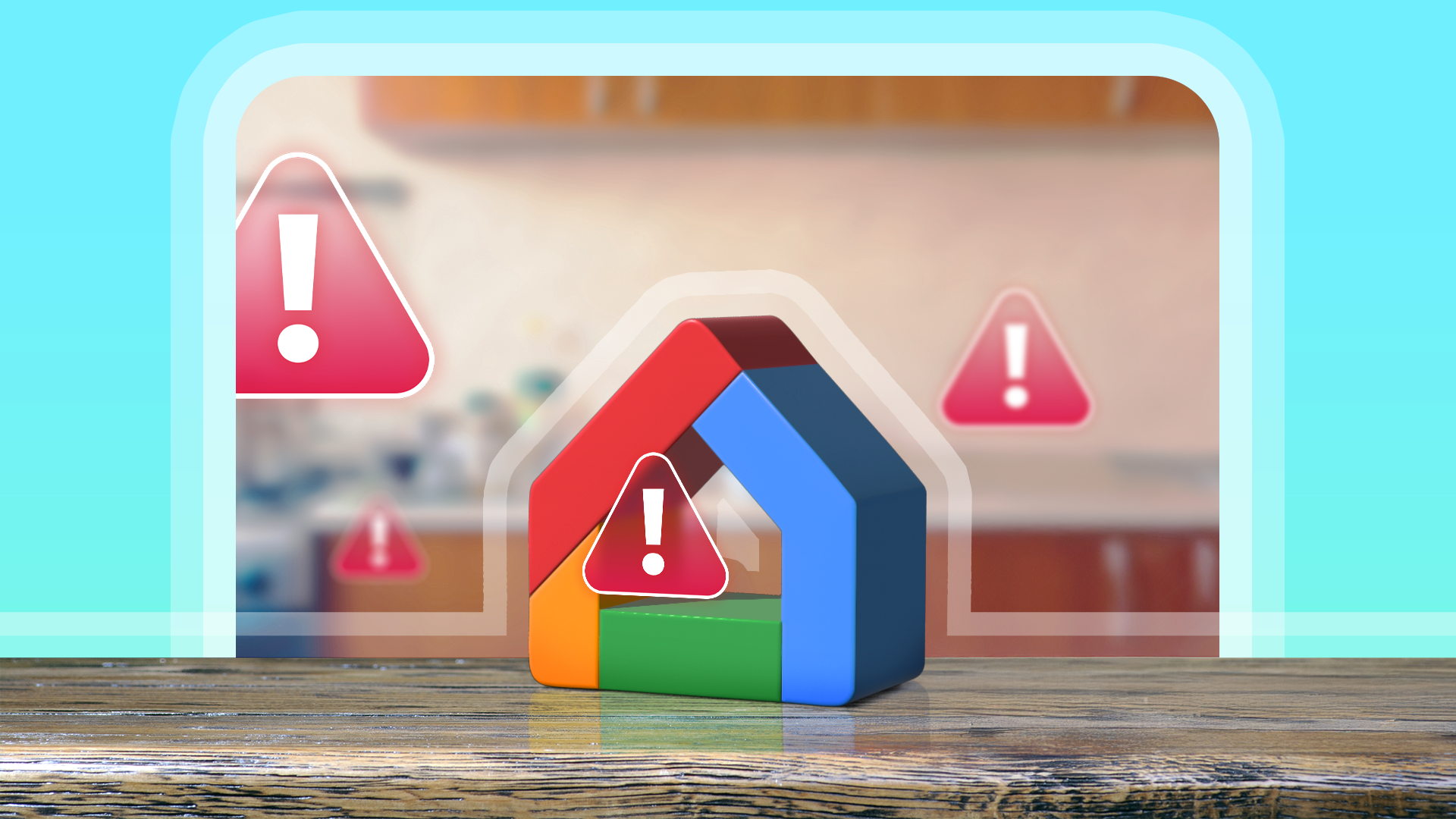 Google Home logo on a wooden table with warning signs around it.