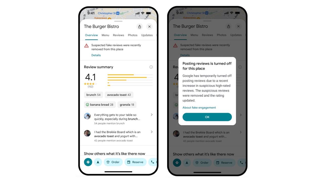 Screenshots showing review flagging in Google Maps