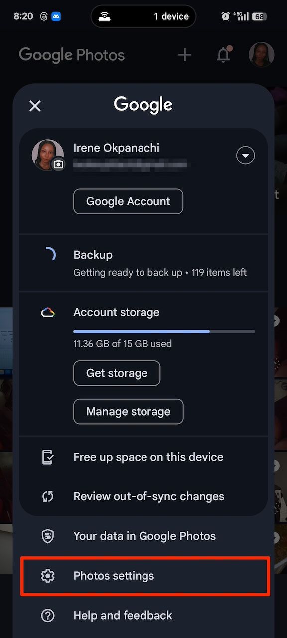 Google Photos settings menu with red box highlighting Photo settings option near bottom of screen