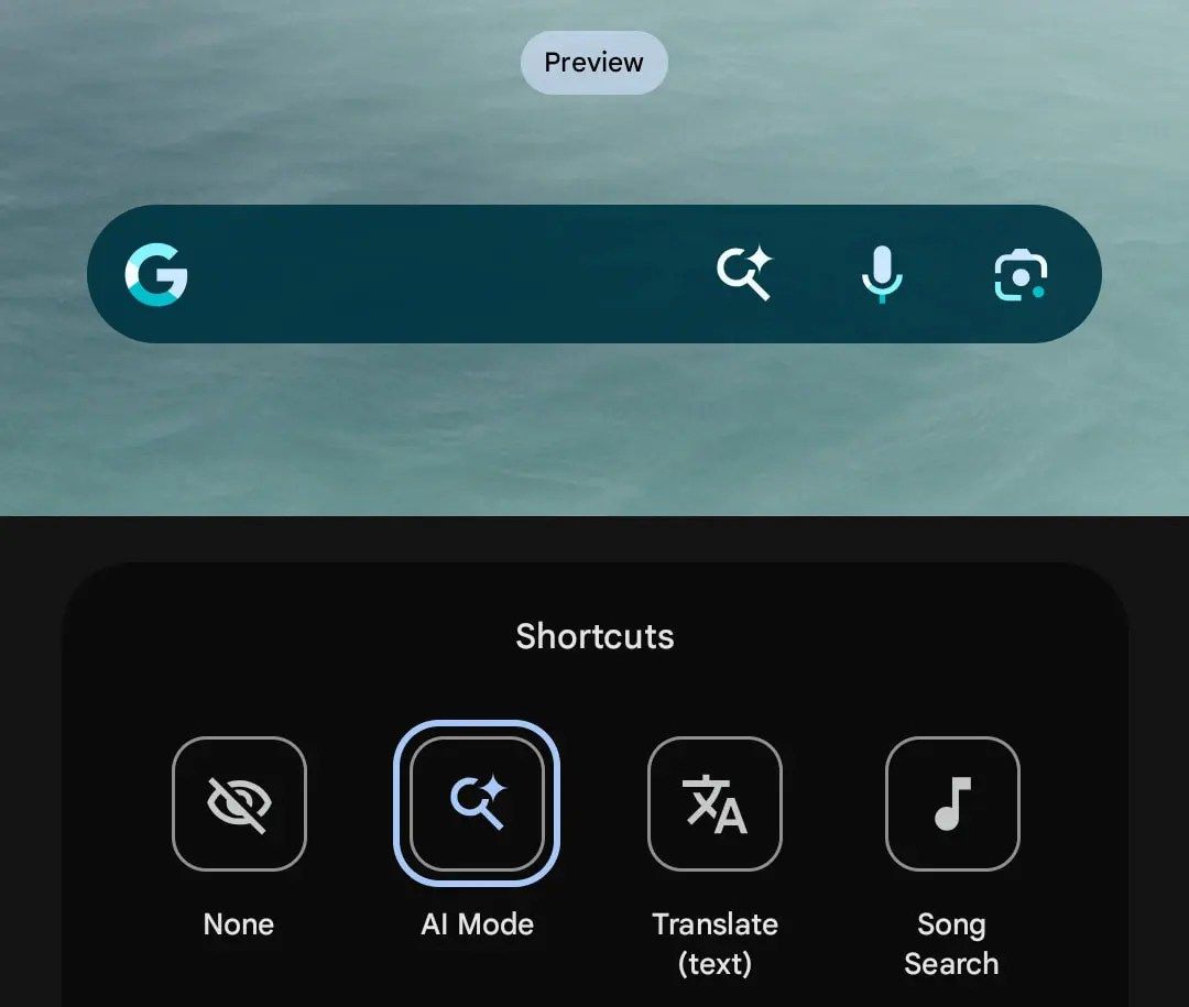A screenshot of the AI Mode shortcut option in the Google Search widget.