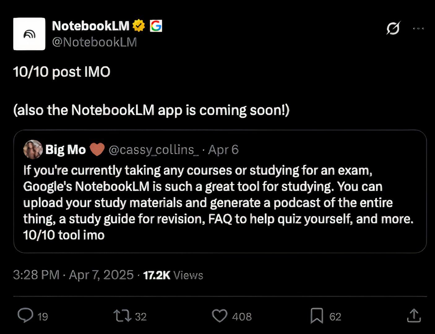 A screenshot of the official NotebookLM account saying the app is coming soon on X.