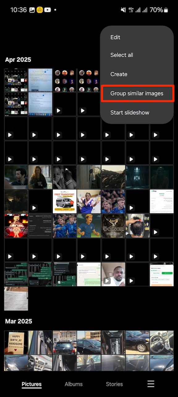 Selecting option to group similar pictures in Samsung Gallery