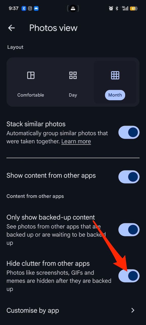 Selecting toggle button to enable hiding memes and screenshots from third-party apps