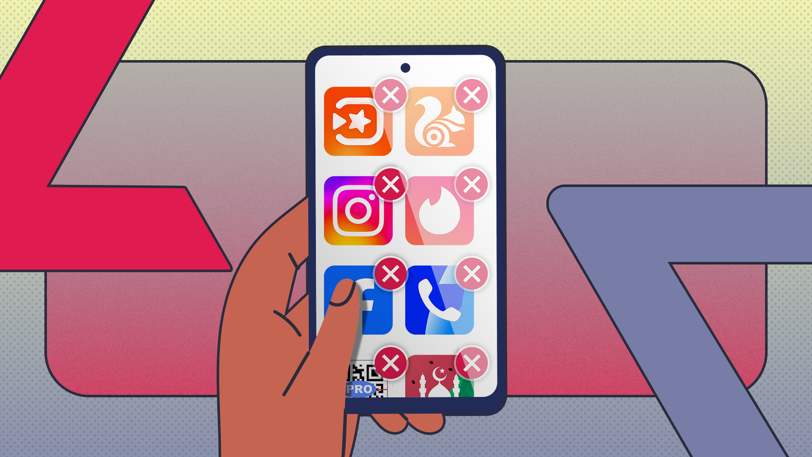Illustration of a hand holding a phone with some apps to delete.