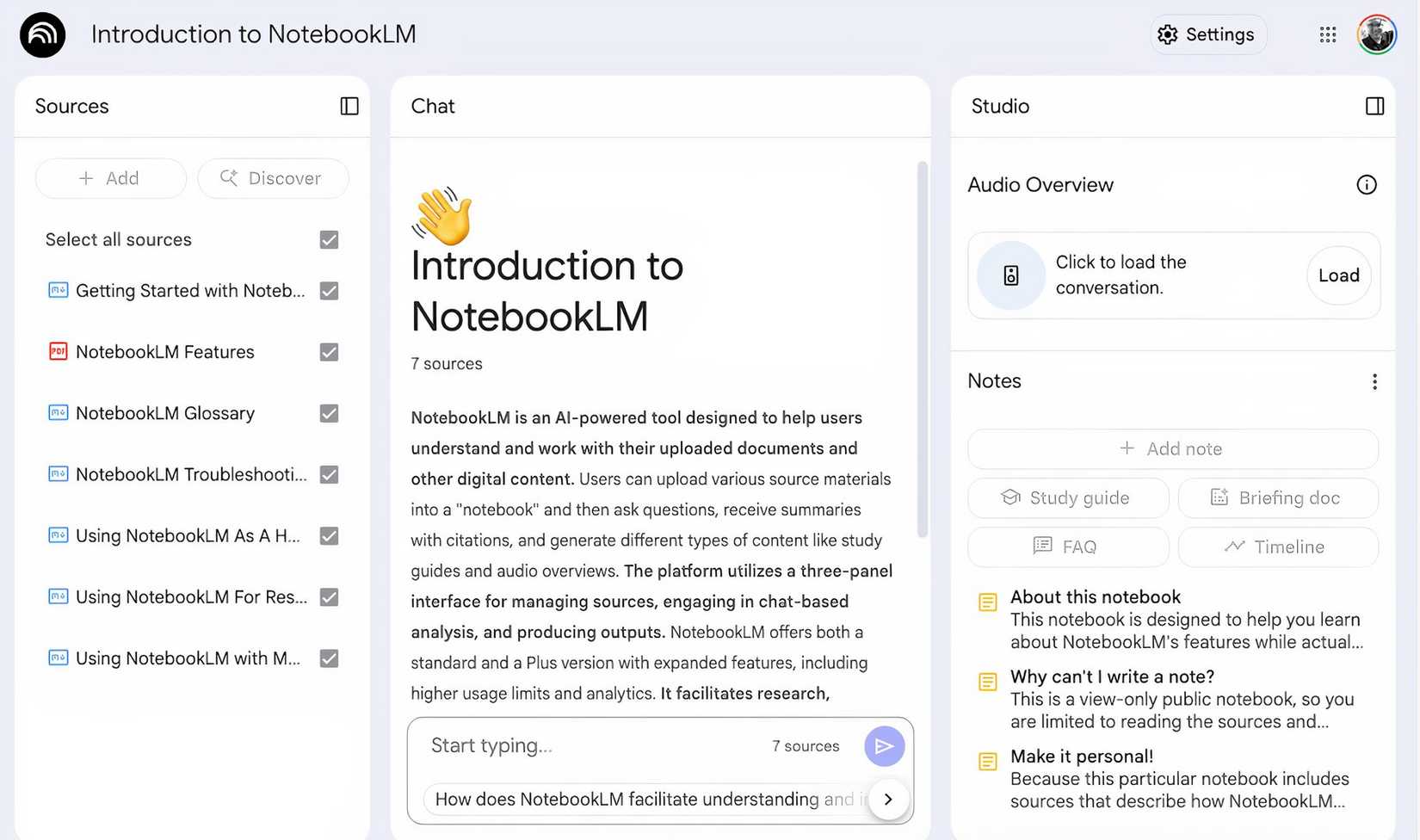 The NotebookLM getting started page for new users.