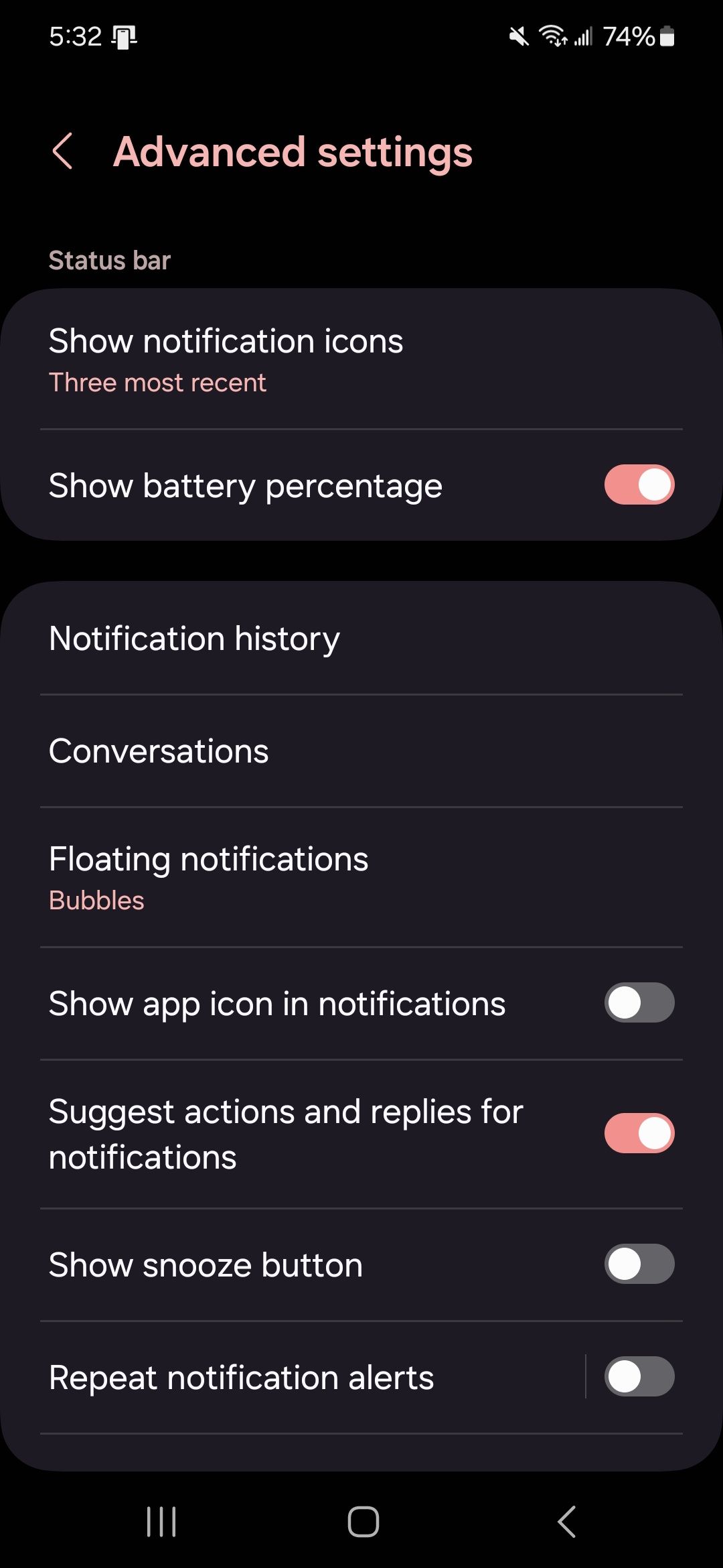 A list of advanced settings for notifications