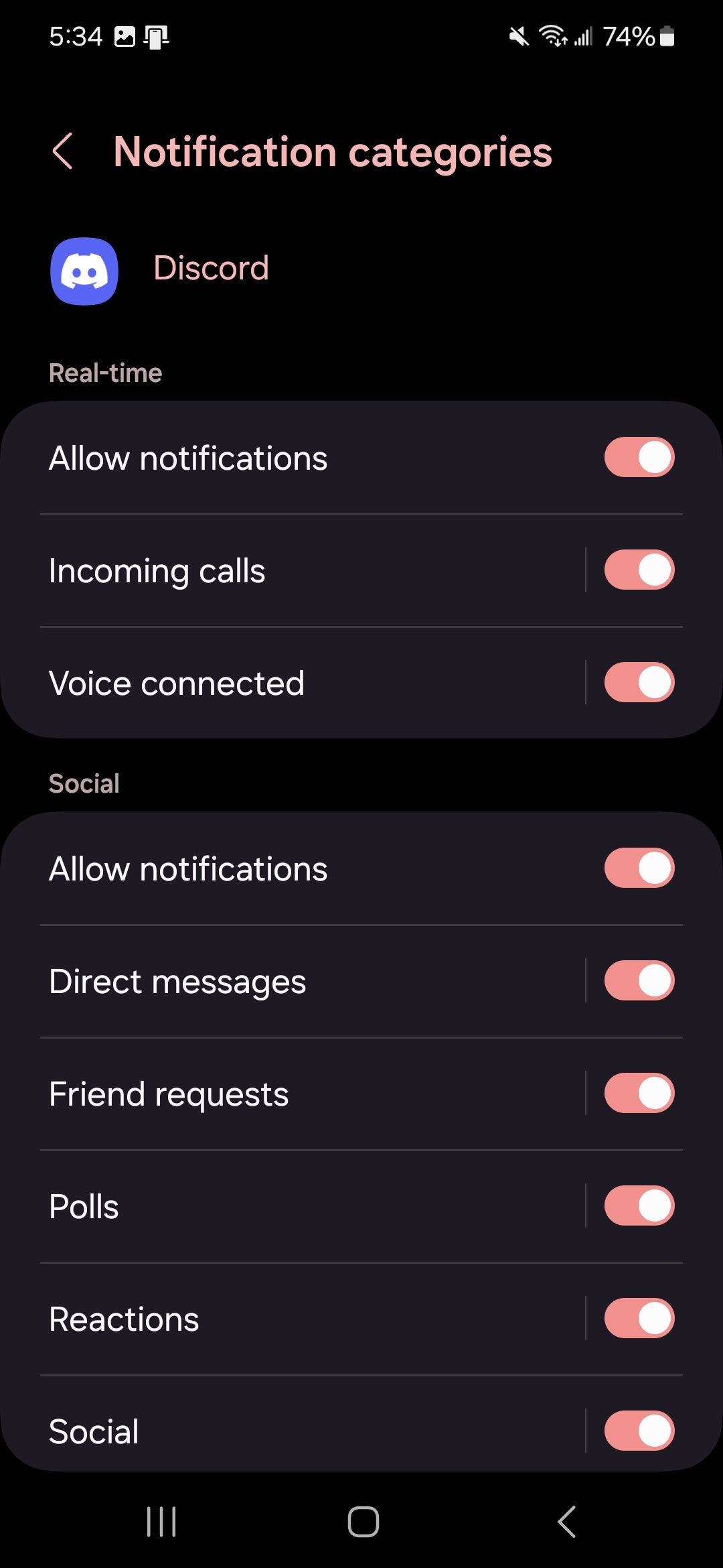 Notification categories page for the Discord app showing a list of toggles
