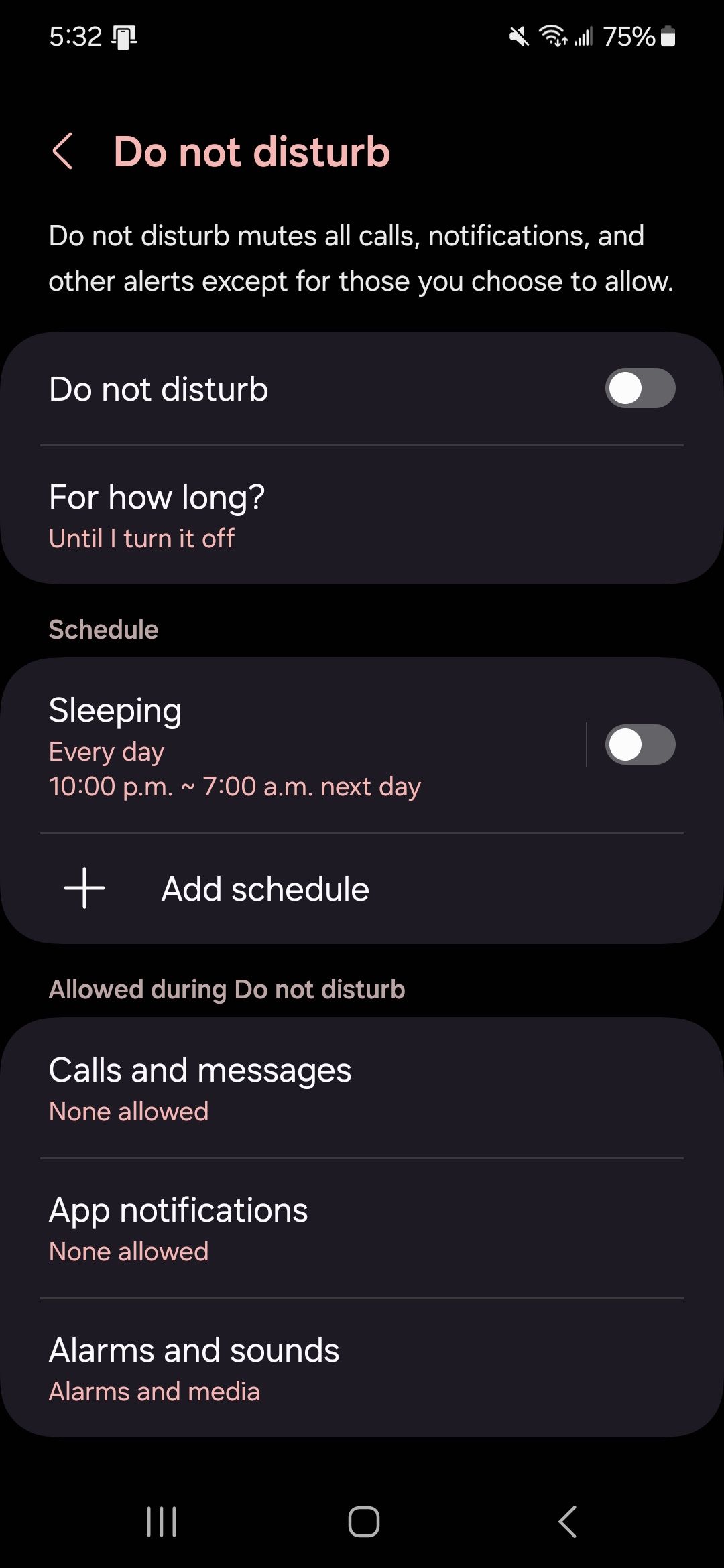 The Do Not Disturb settings page with customizable options and settings