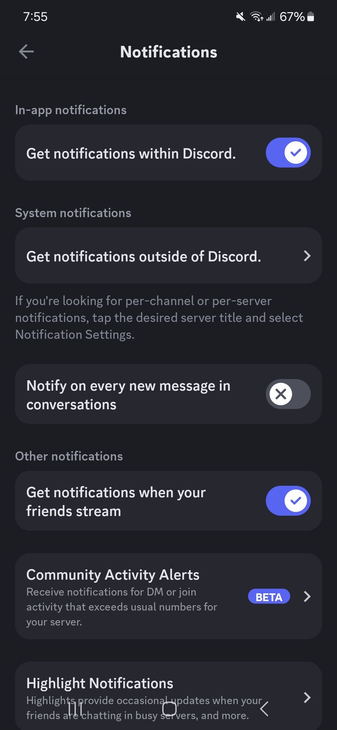 A list of notification settings to change in the Discord app