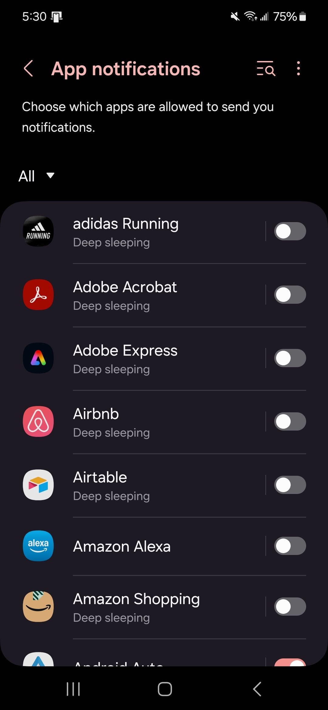 A list of apps with toggles in app notifications