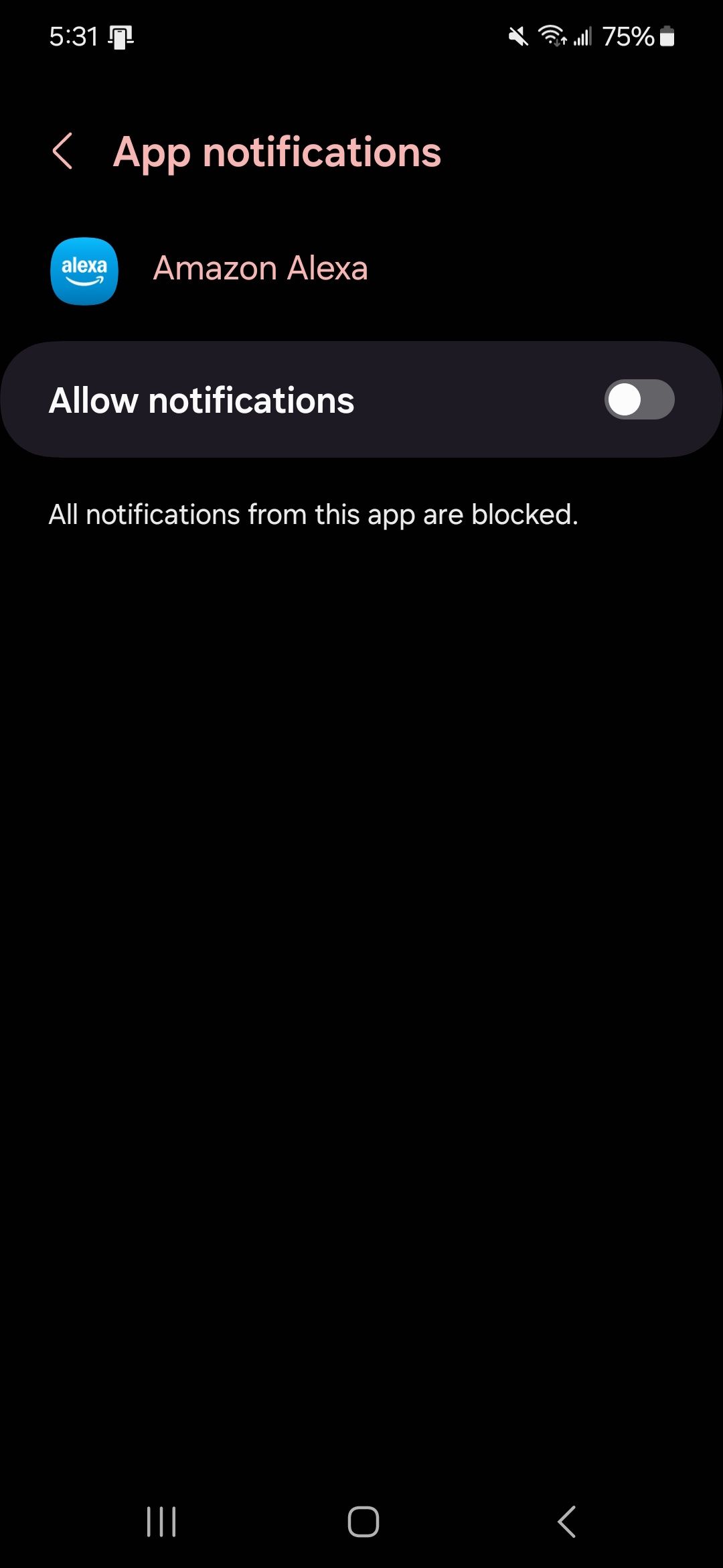 App notifications page on a specific app showing a toggle next to allow notifications