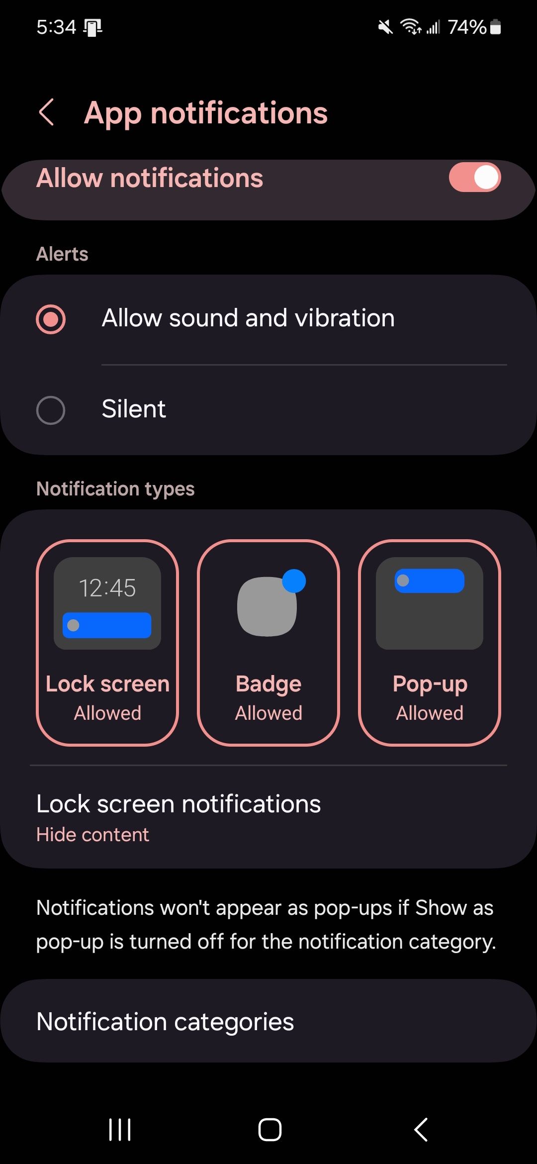 App notifications page showing settings with notification categories at the bottom