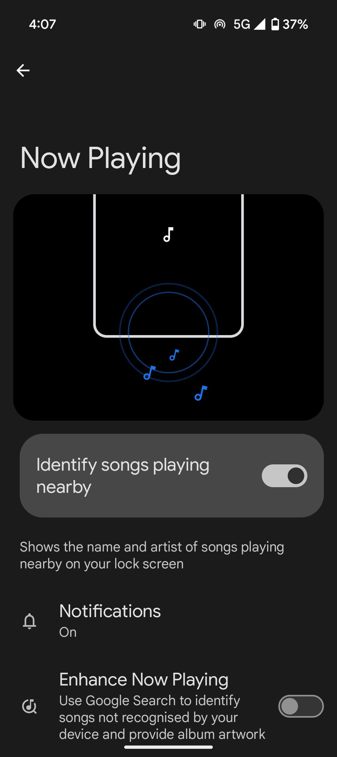 Now Playing settings with song recognition and album art toggle