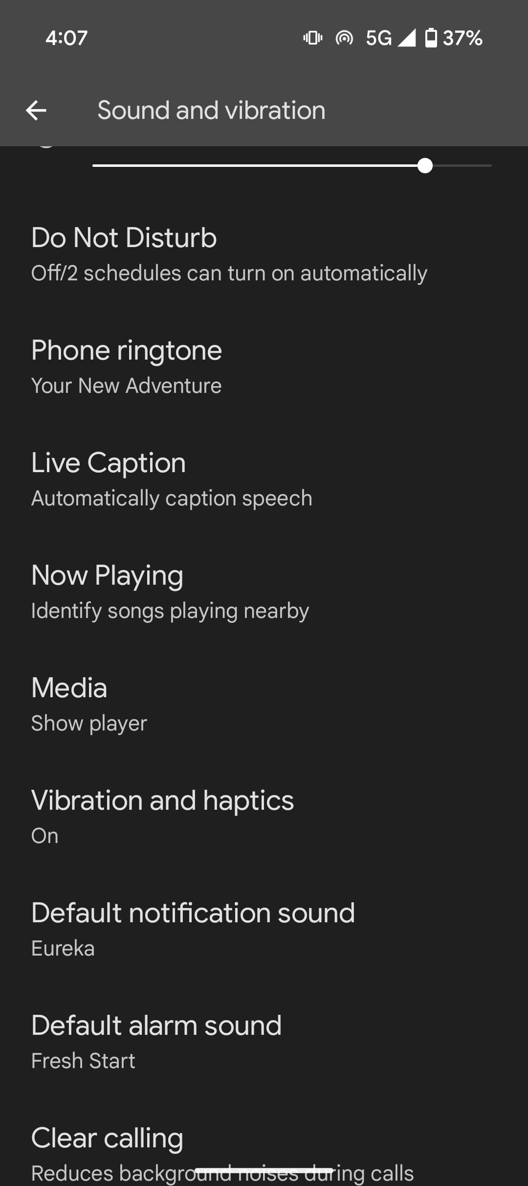 Sound settings showing Now Playing and ringtone options