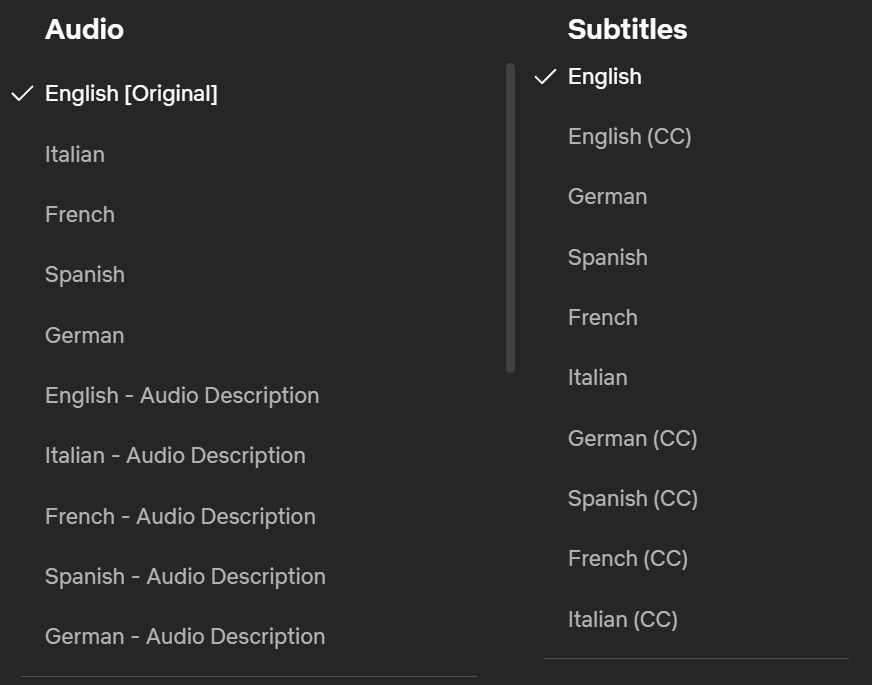 A screenshot of Netflix's new subtitle and subtitle with CC options.