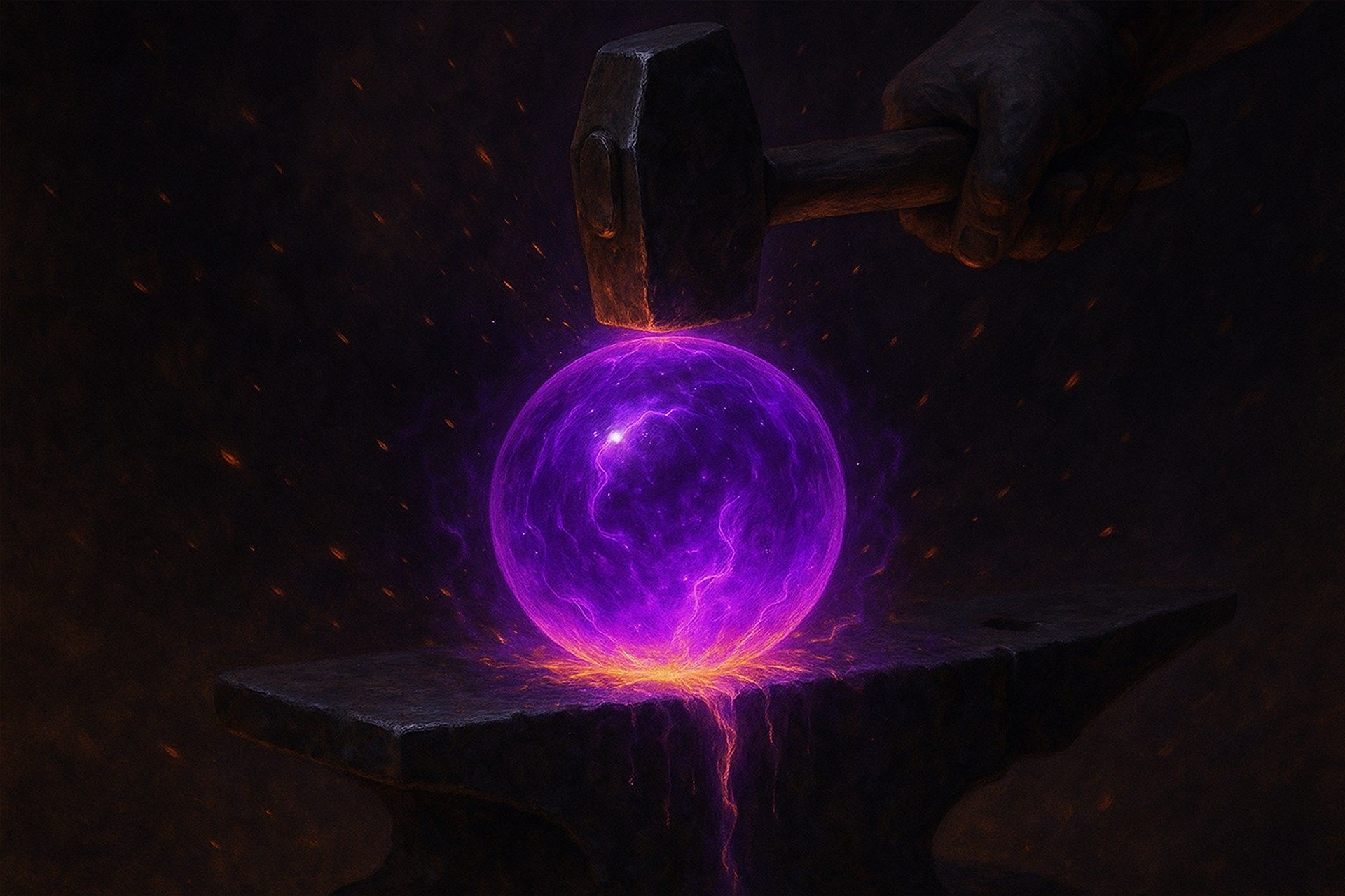 An illustration of a purple and pink orb being forged on an anvil with a hammer.
