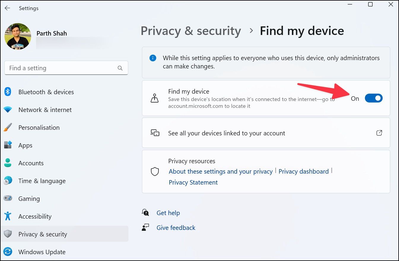 enable find my device for Microsoft