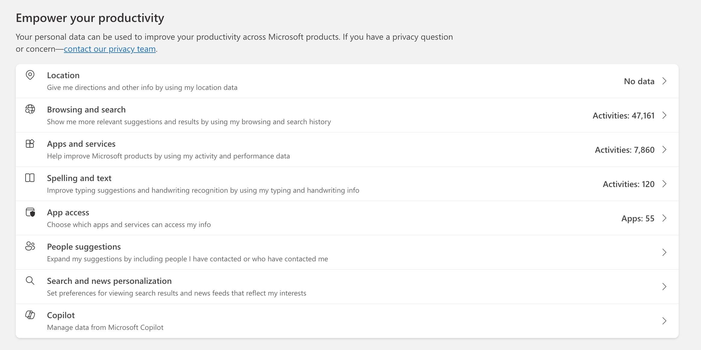 Privacy menu for your Microsoft account