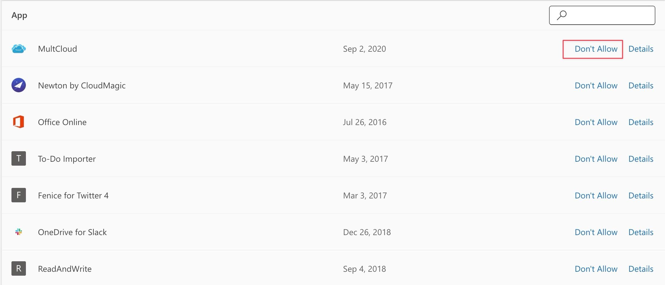 Don't allow apps for account access