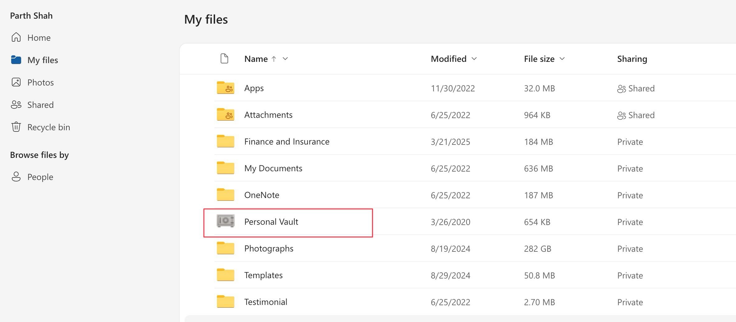 Open personal vault in OneDrive