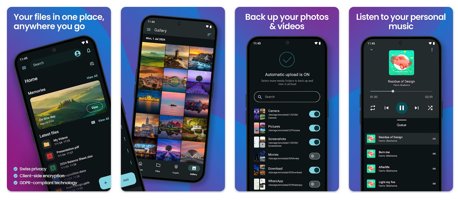 Screenshots from the pCloud app