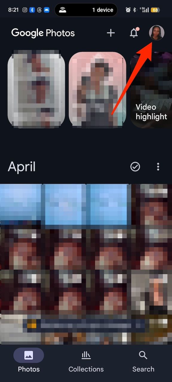 Photos menu on Google Photos app with red arrow pointing to profile icon in top right corner