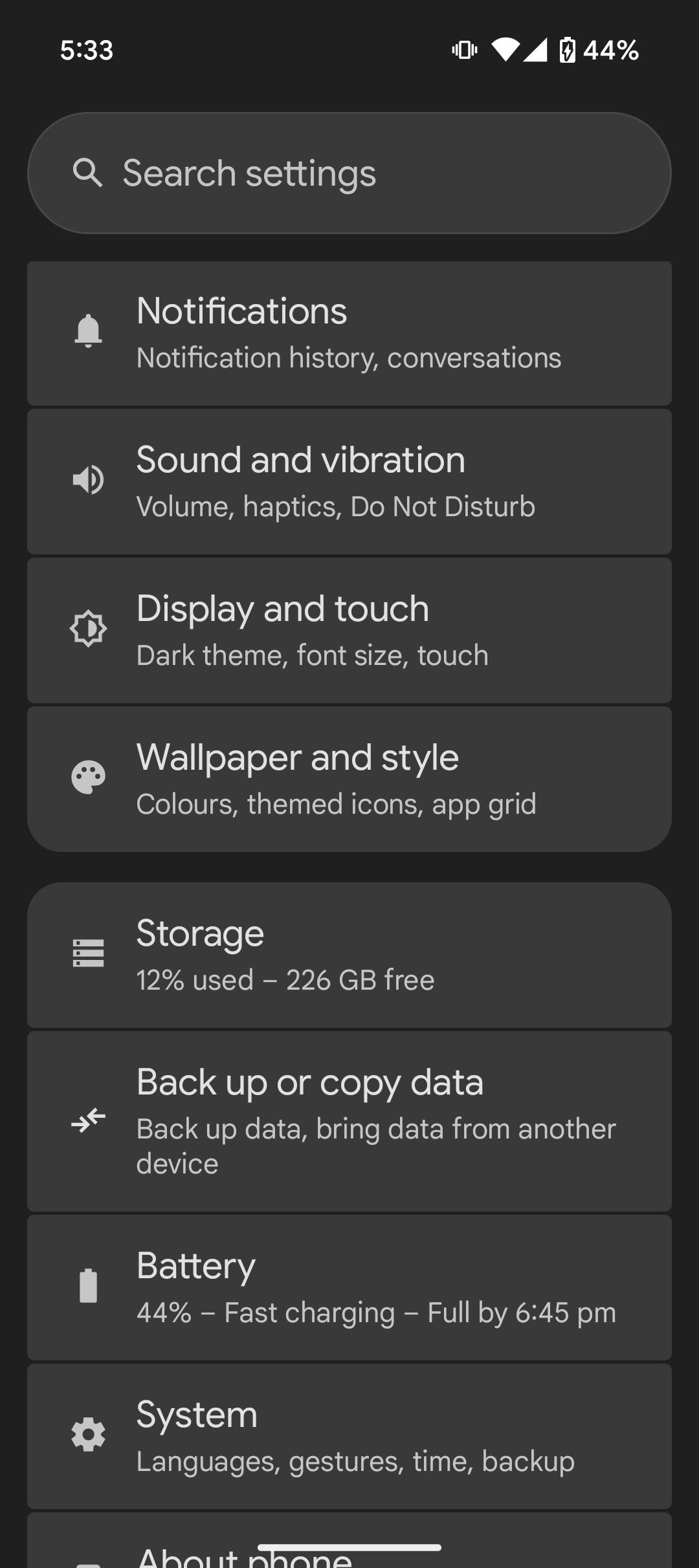 Settings home screen showing options like Display, Battery, and System