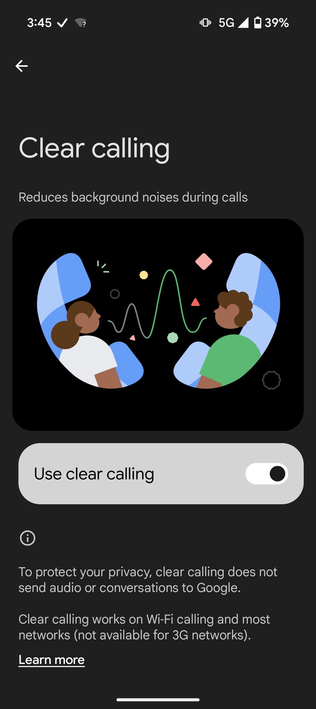 Clear calling setting with toggle to reduce background noise