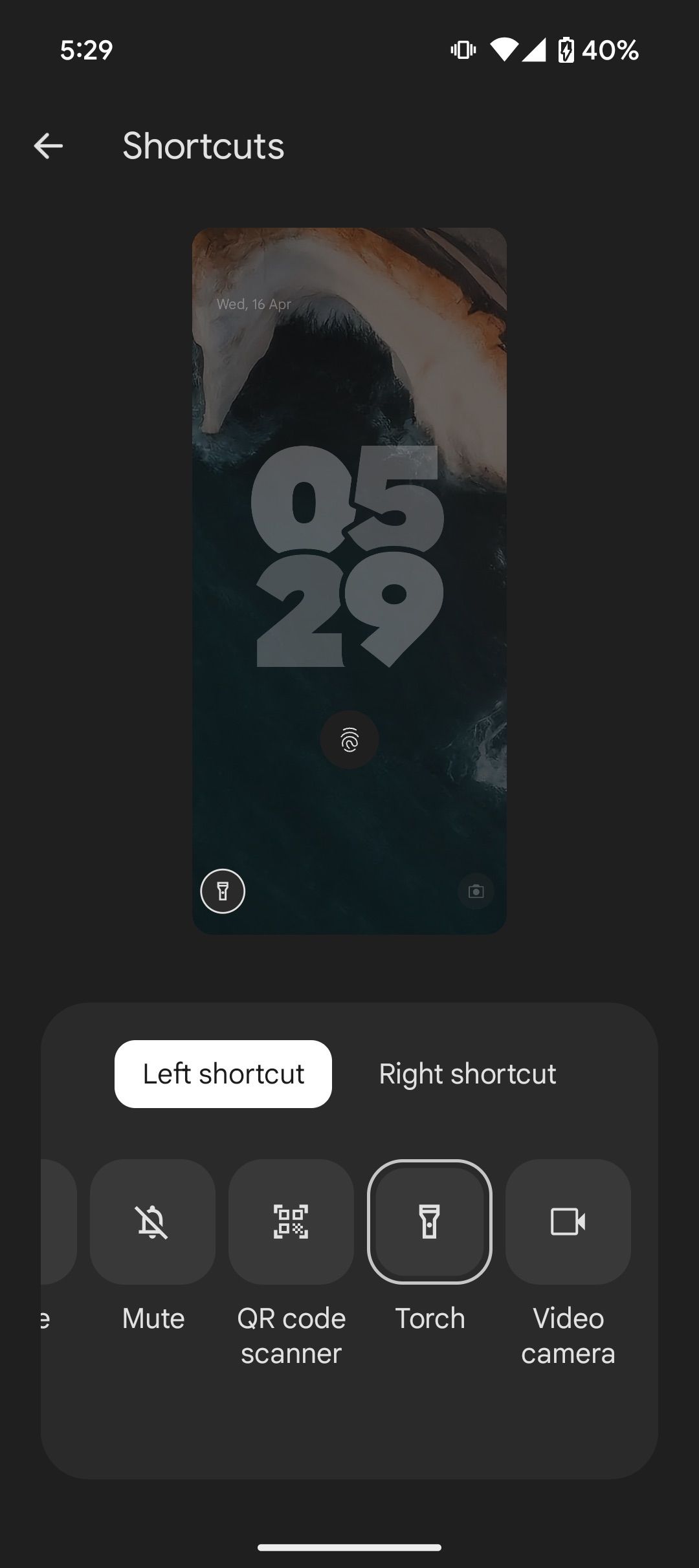 Shortcuts settings screen with left shortcut set to Torch