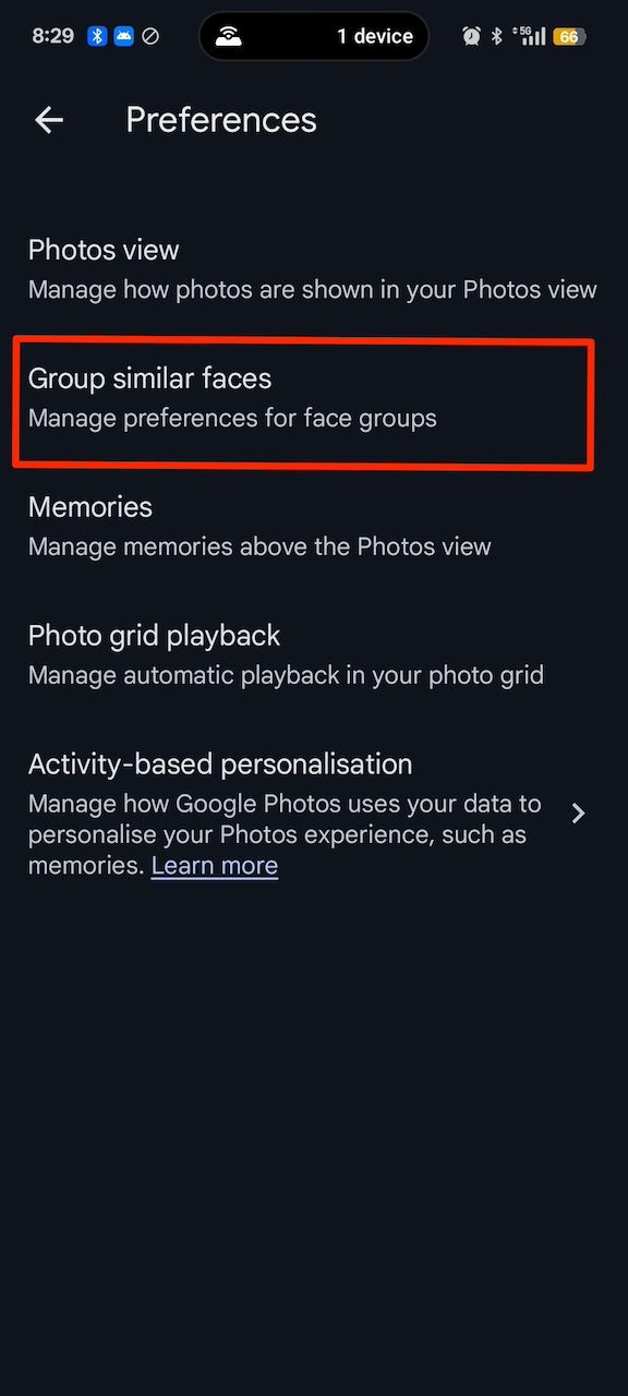 Preferences menu options with group similar faces option highlighted with red box