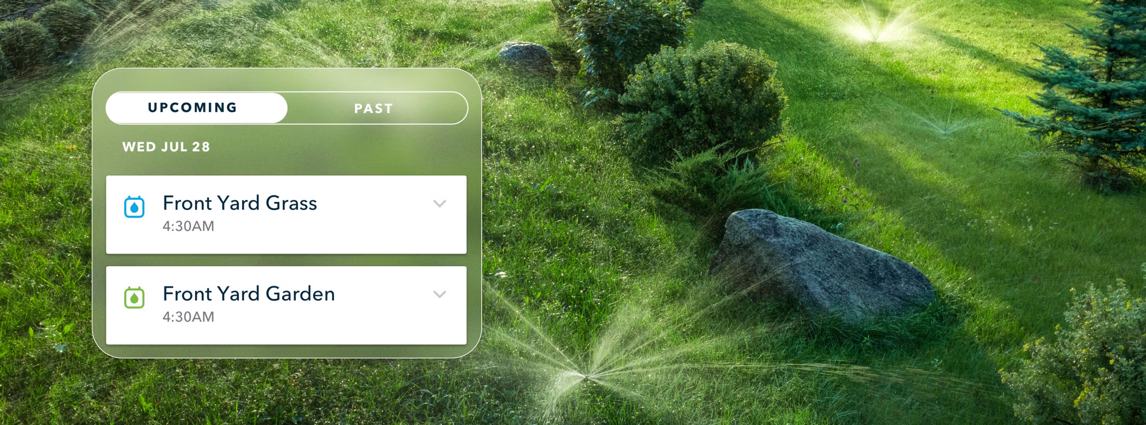 a green lawn being watered by sprinklers and a table with a watering schedule on the left side