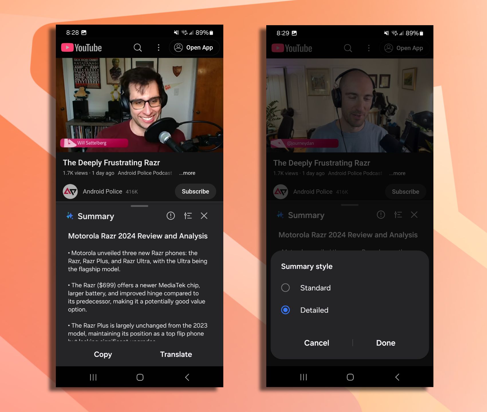Screenshots highlighting Samsung Internet's video summarization capabilities. 