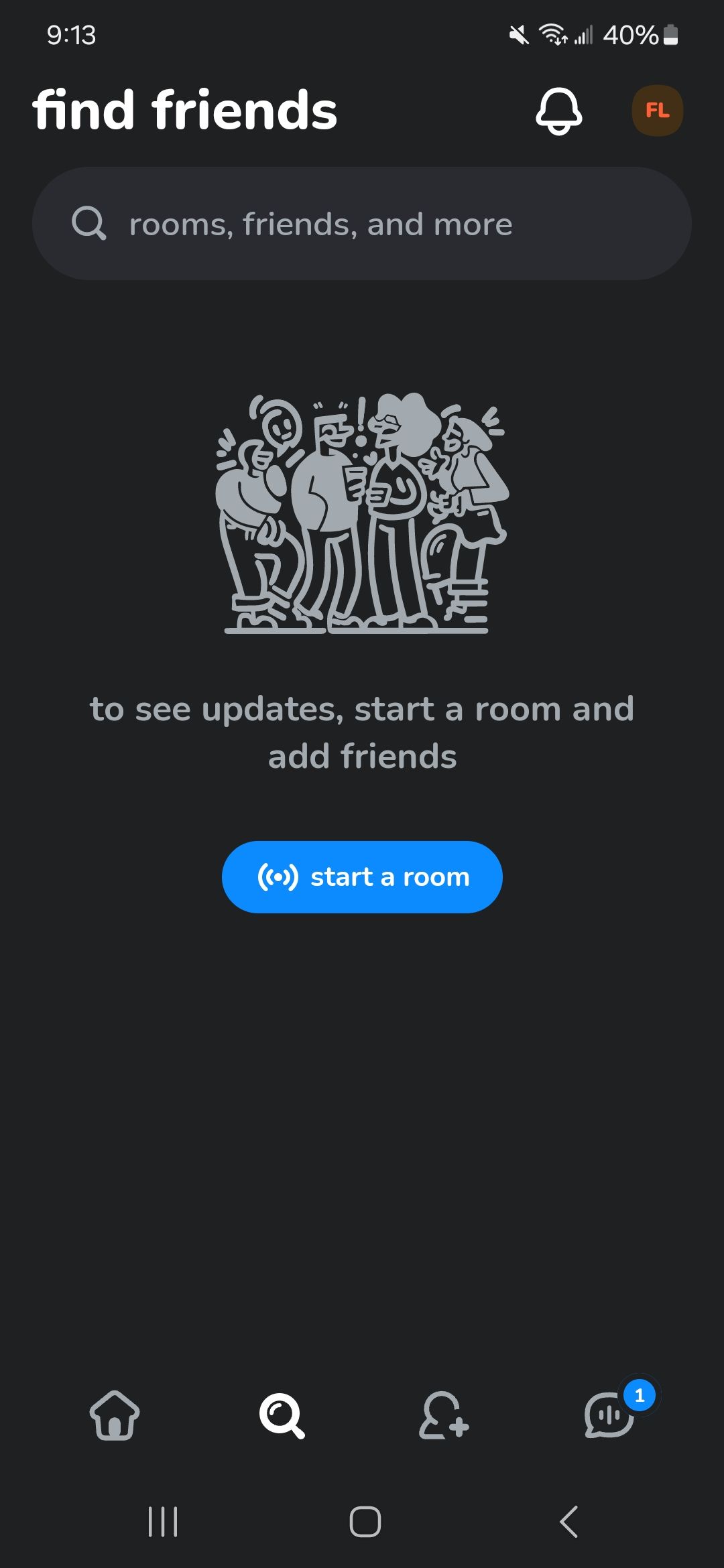 Start a room page on the Clubhouse app and find friends