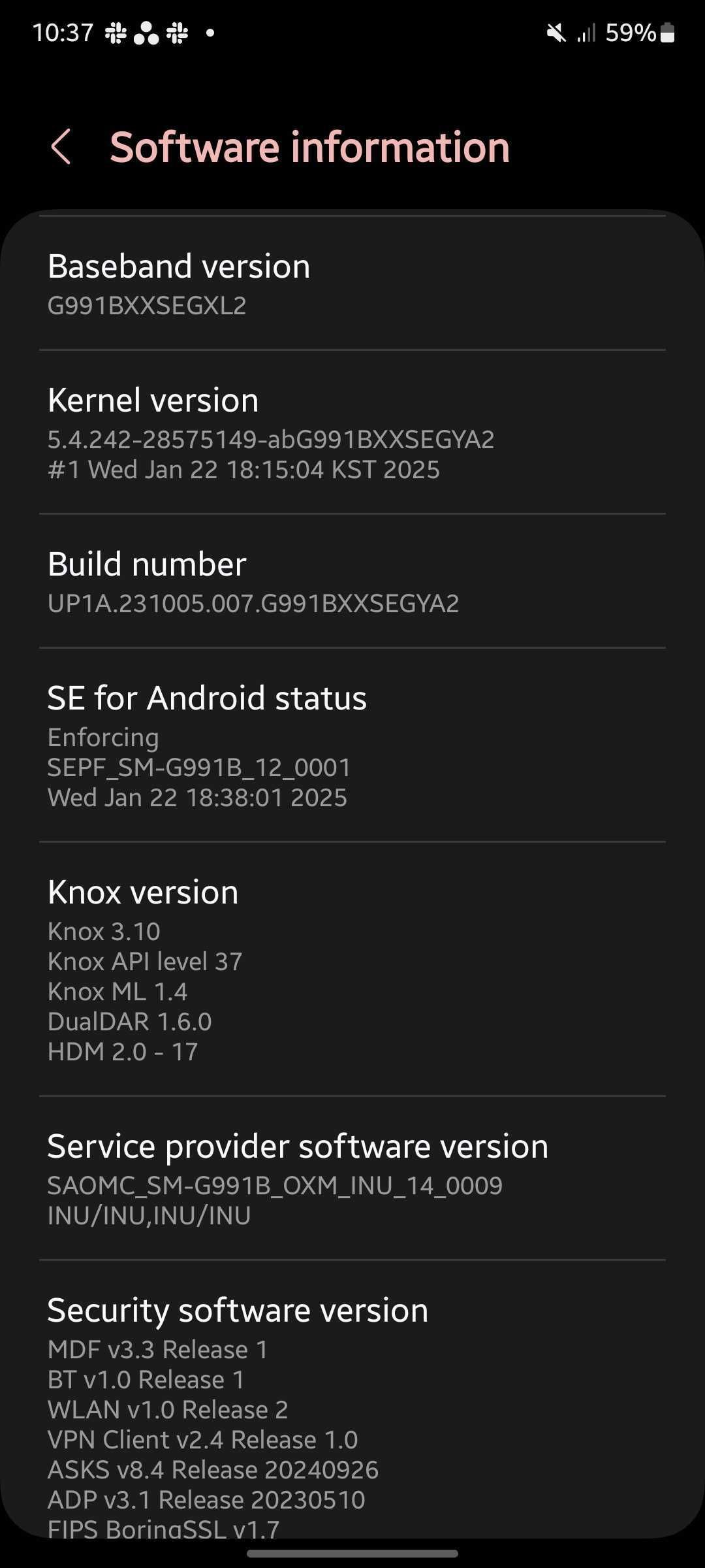 Screenshot showing about phone page in One UI's Settings app