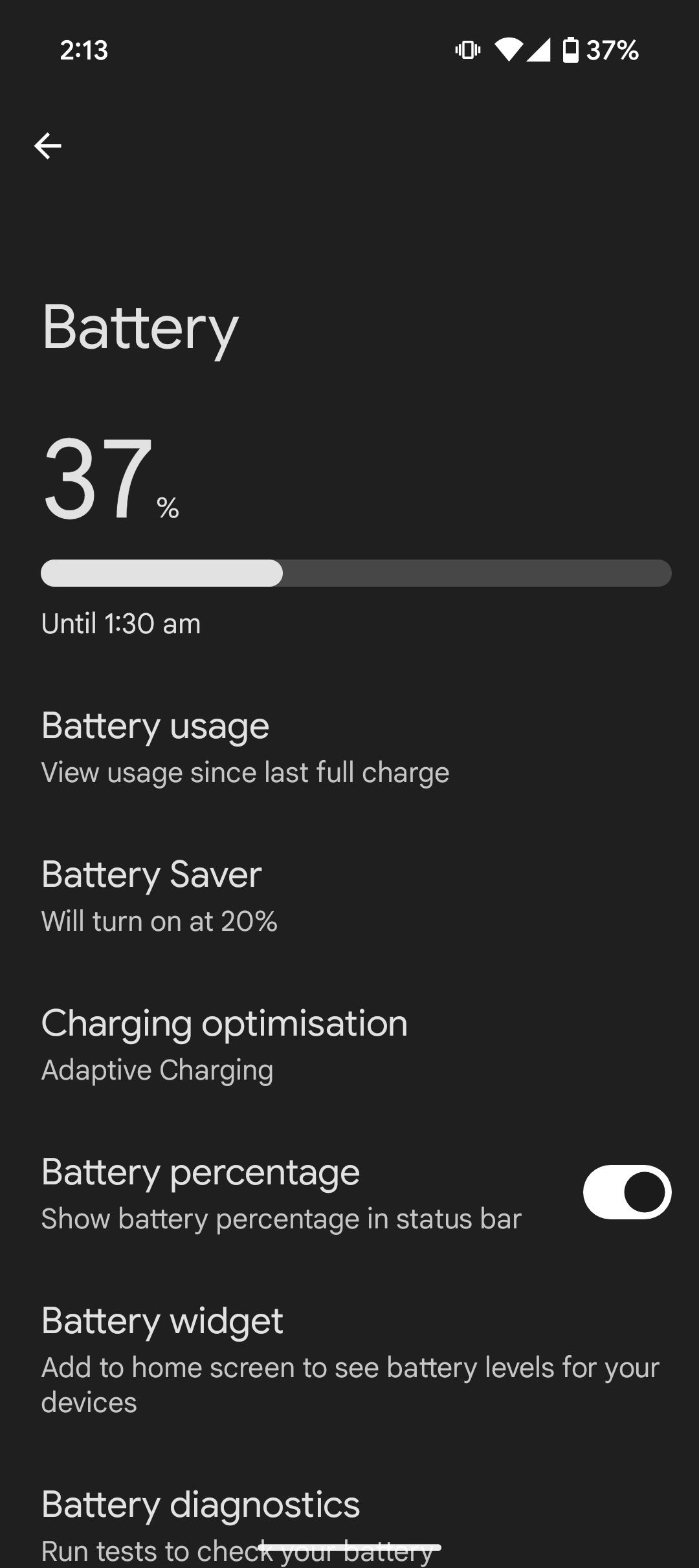 Battery settings showing percentage, usage, and optimisation options