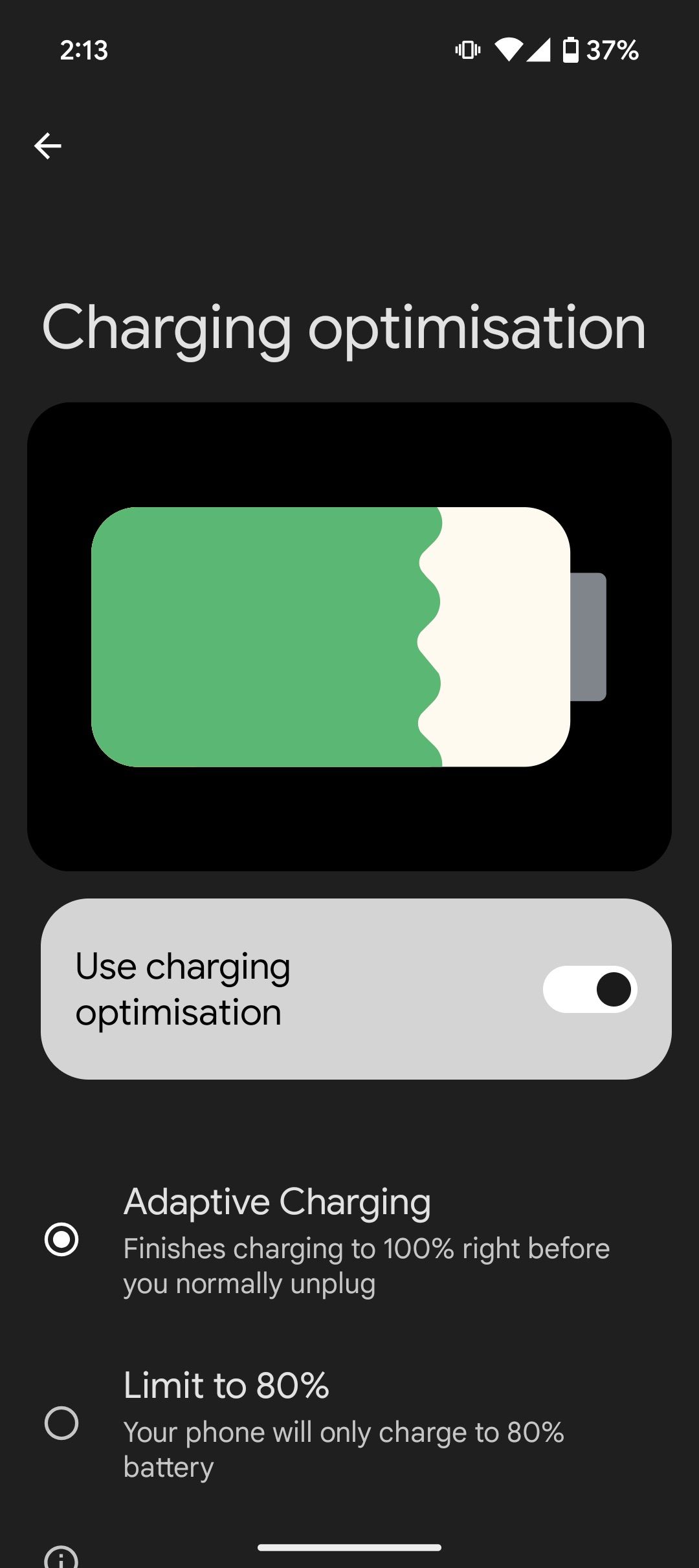Charging optimisation settings with Adaptive and 80% limit options