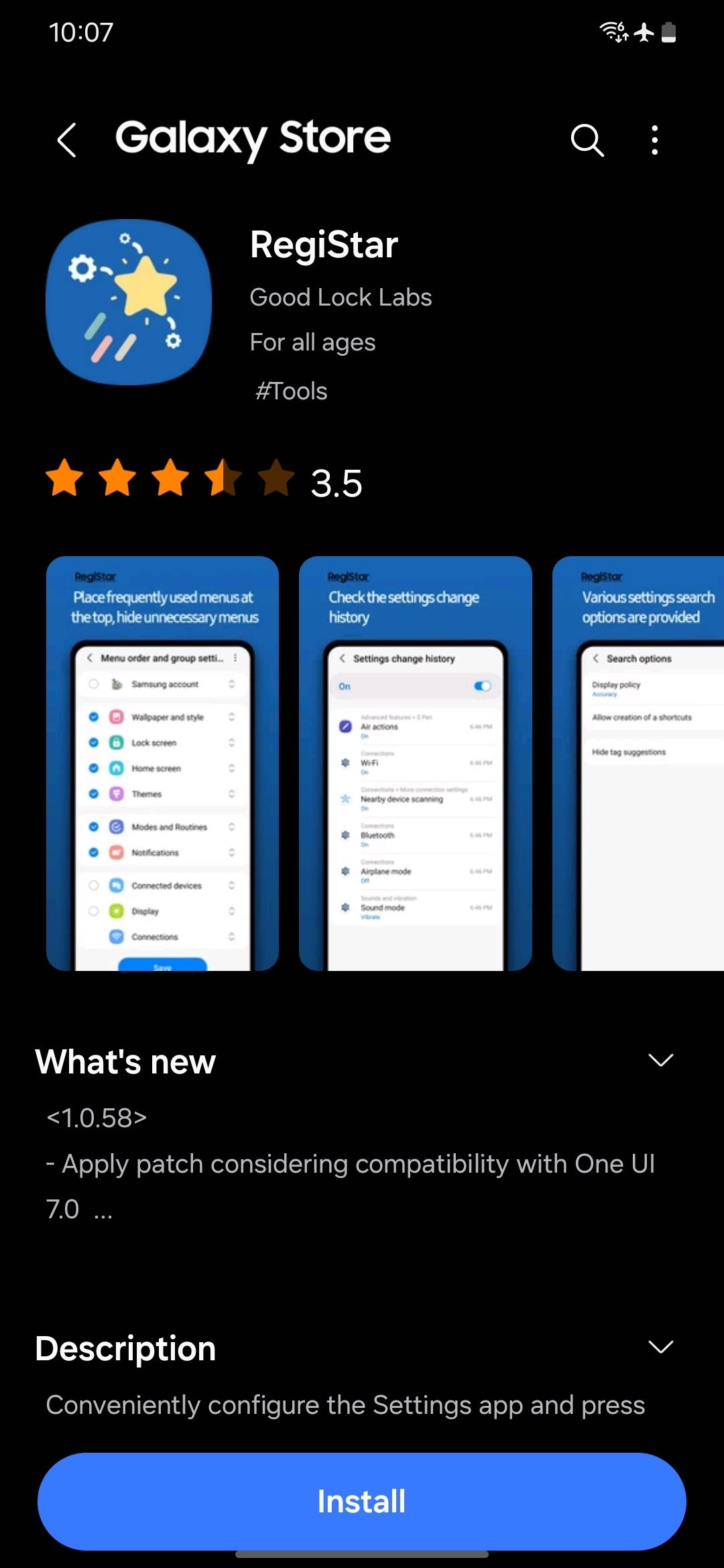 A screenshot of the Good Lock RegiStar module on the Galaxy Store.