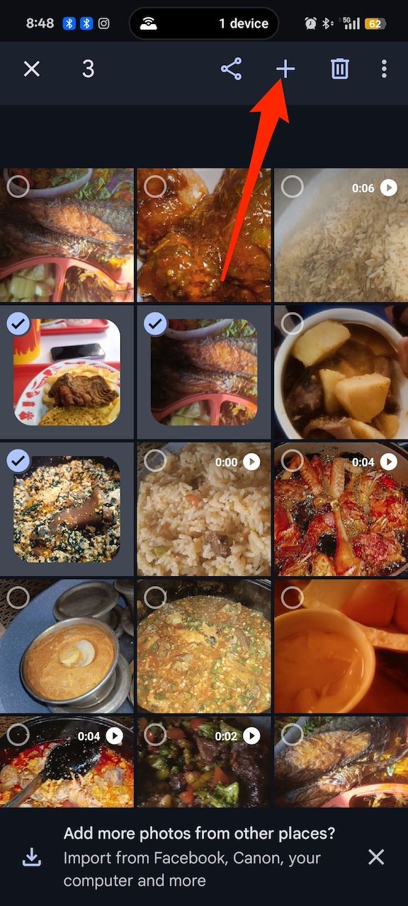 Selecting food pictures arranged in grid format in Google Photos app